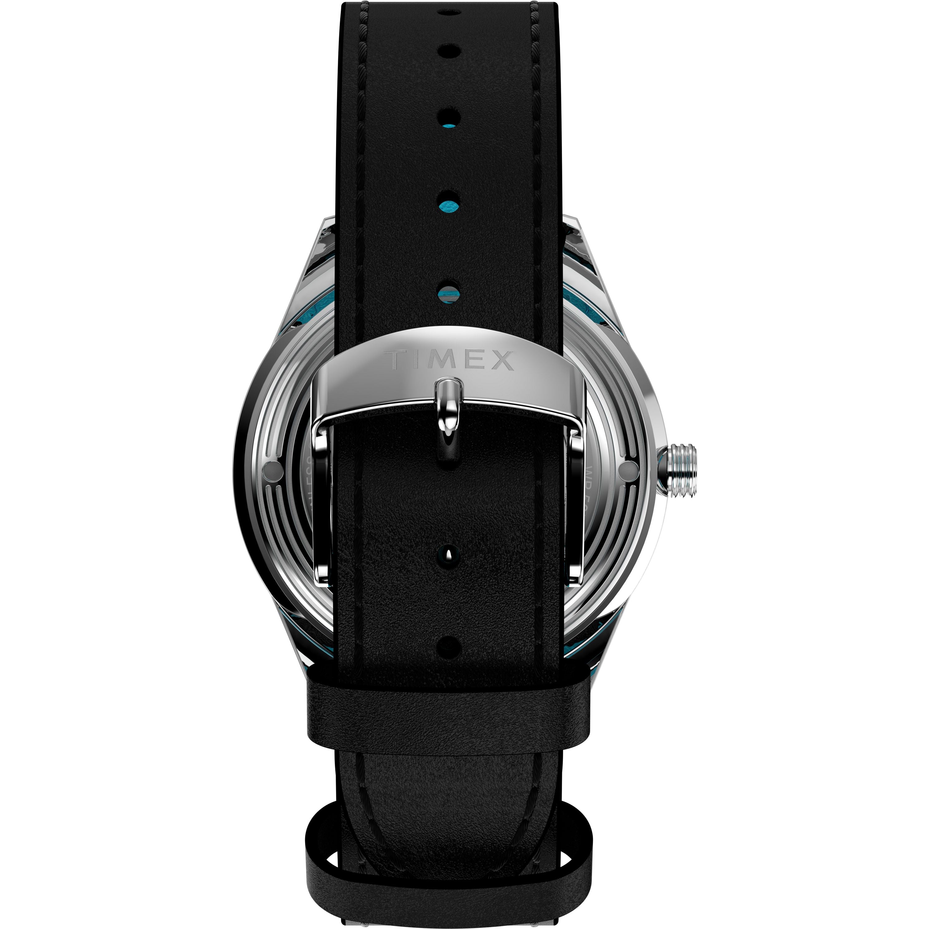 A close-up of the Timex Marlin Jet Automatic x The Jetsons wristwatch shows its black leather strap and silver buckle, highlighting retro-futuristic design elements inspired by The Jetsons, with the strap neatly threaded through the buckle.