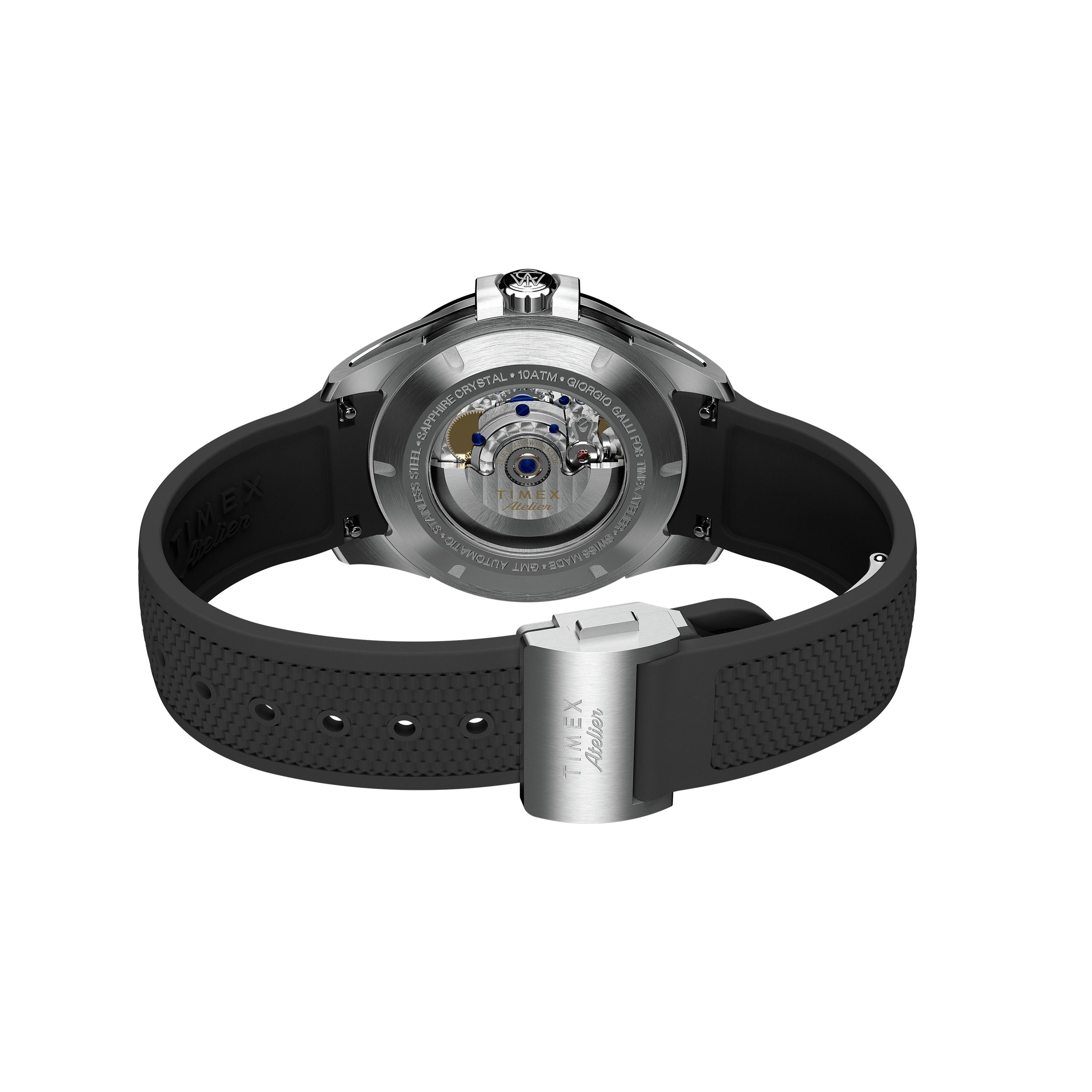 Close-up of the Timex Atelier GMT24 M1a Swiss Made Automatic, featuring a black textured strap and a transparent case back that reveals its mechanical movement and inner components.