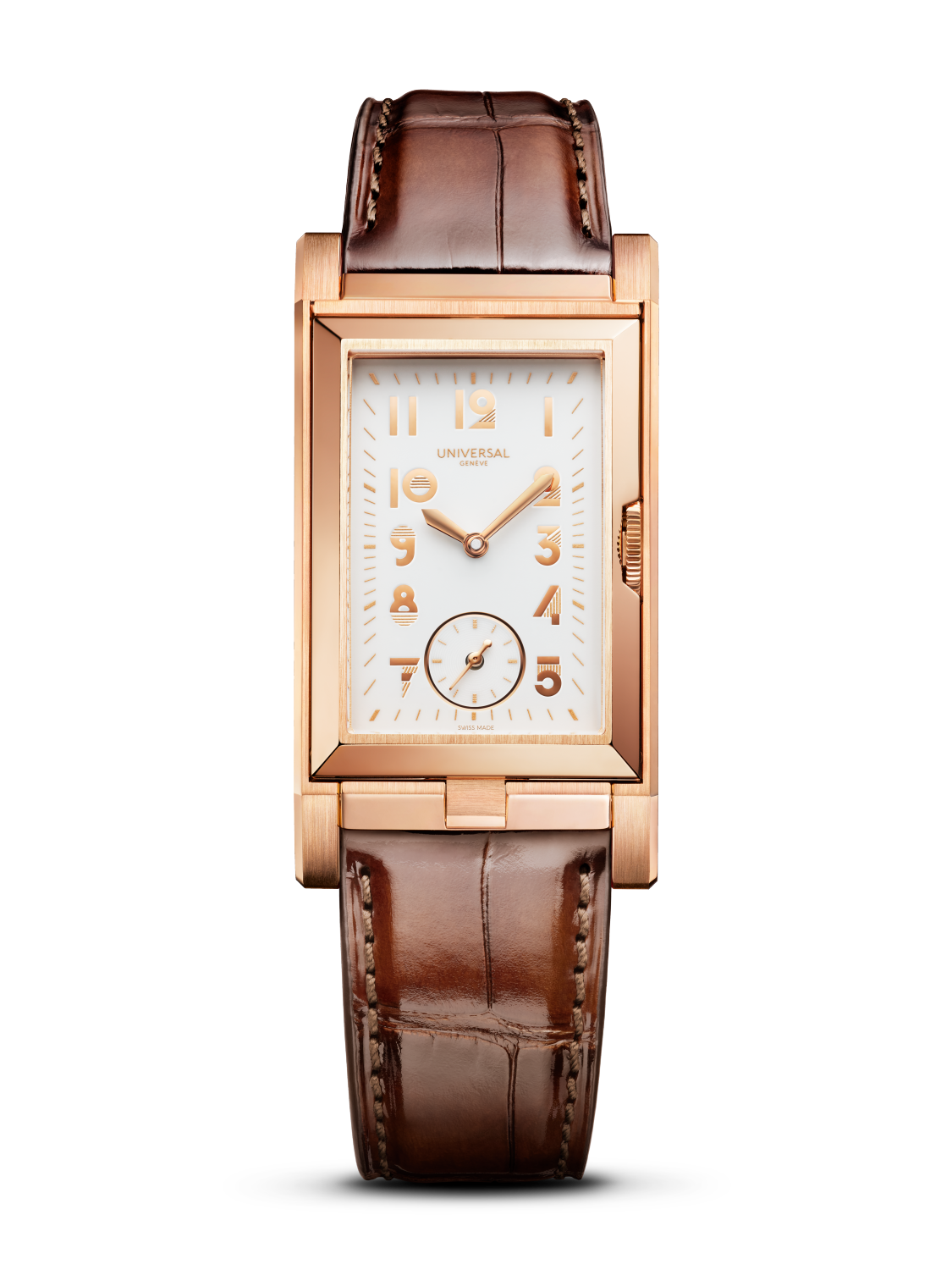 Rose gold rectangular watch with cream dial, gold numerals, brown leather strap, and subsidiary seconds dial.