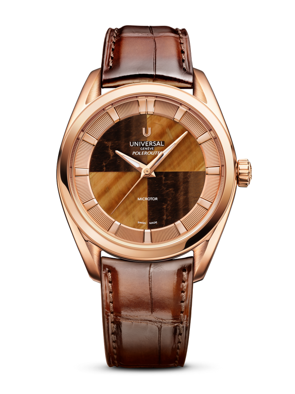 Rose gold watch with brown leather strap, two-tone hardstone dial in tan and dark brown quarters, and textured bezel.