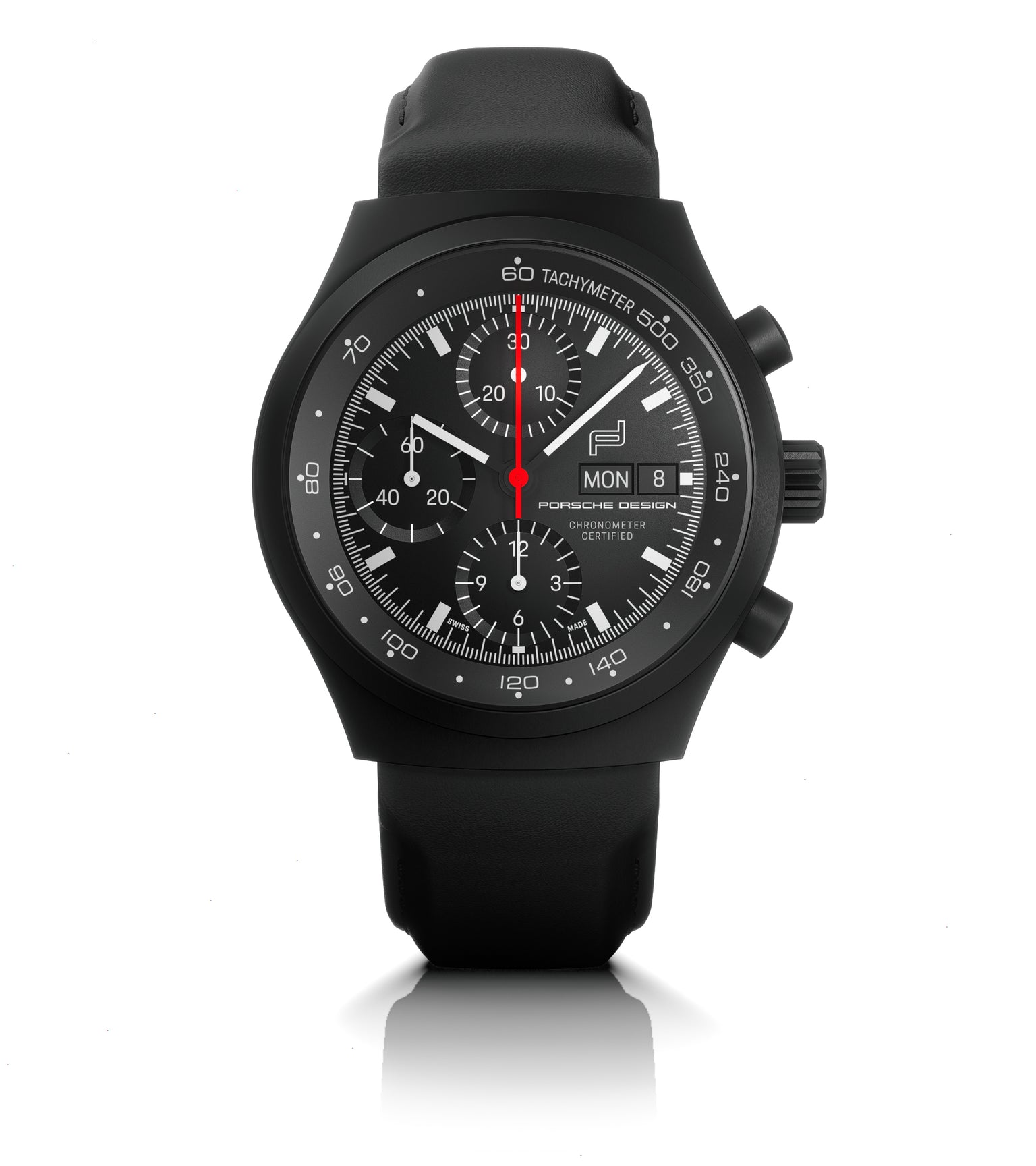 Black chronograph watch with tachymeter bezel, multiple subdials, day-date window, and red center hand on black leather strap