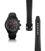 Black chronograph watch with numbered dial, red chronograph hand, and black rubber strap shown with buckle.