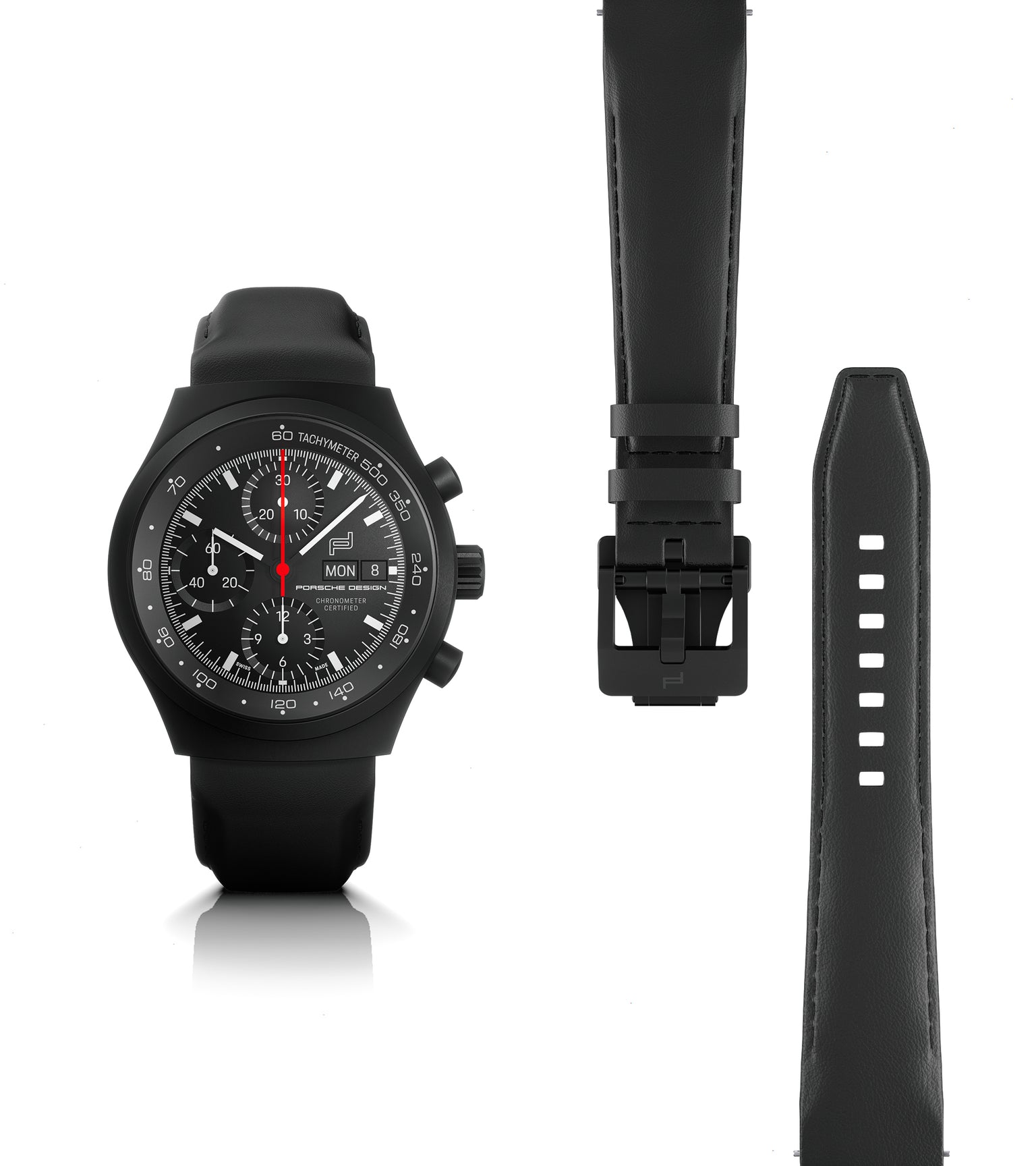 Black chronograph watch with numbered dial, red chronograph hand, and black rubber strap shown with buckle.