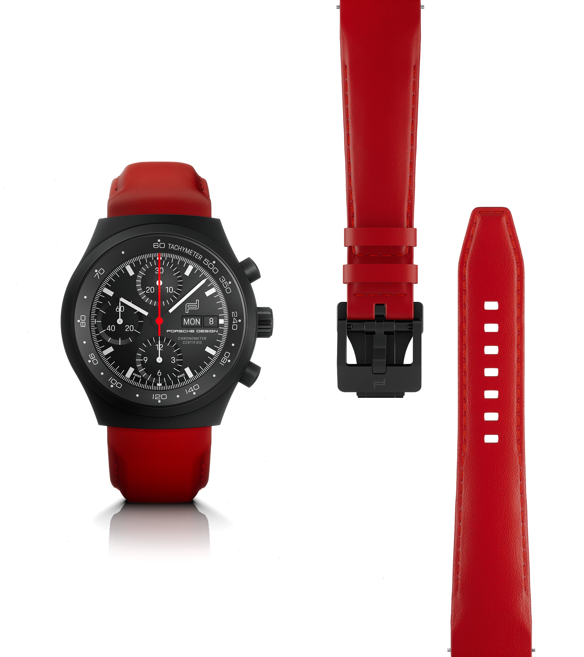 Black chronograph watch with numbered dial, red strap, and black buckle shown with full strap detail.