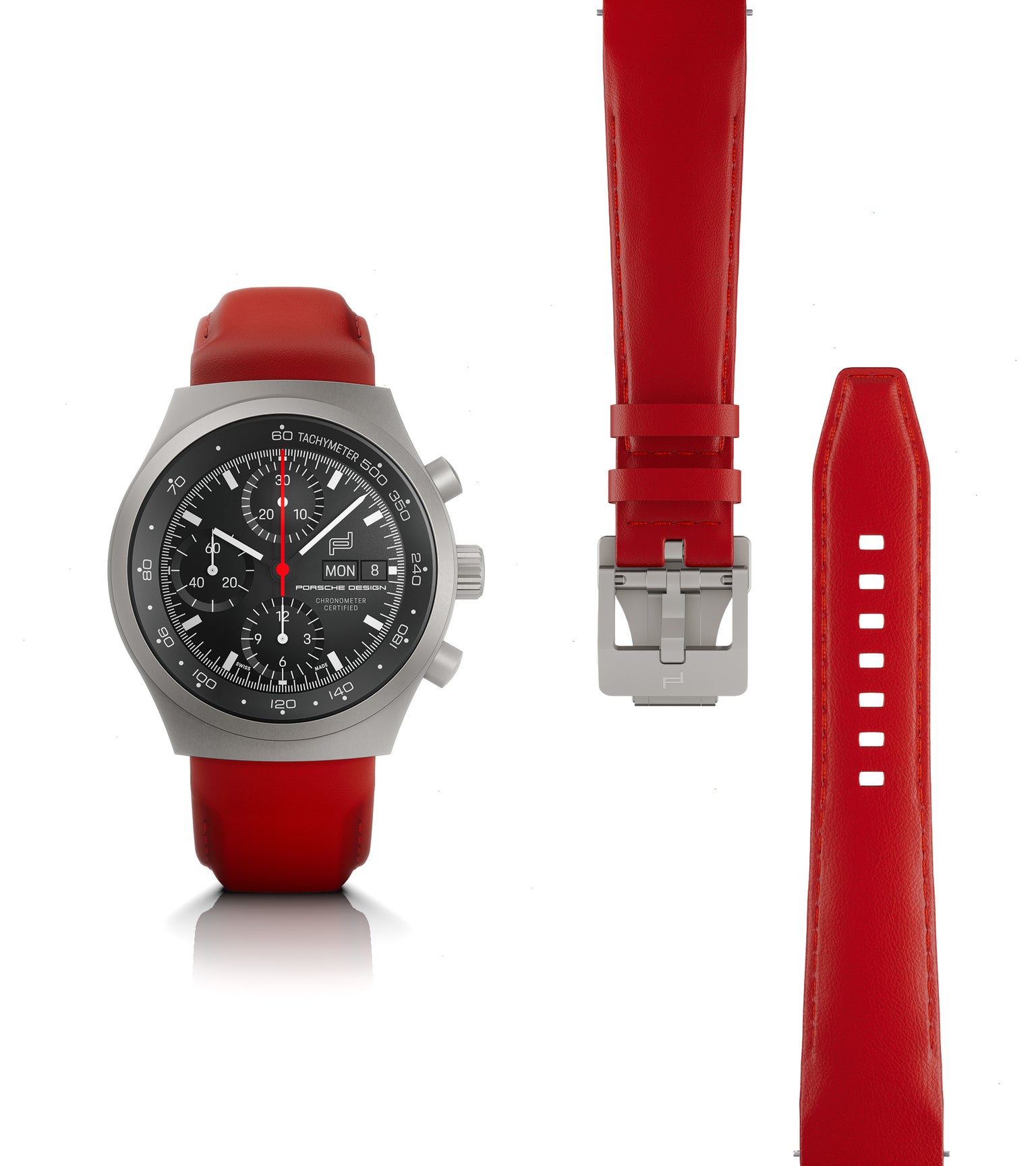 Titanium chronograph watch with black dial, red strap, and matching red rubber band strap shown separately.