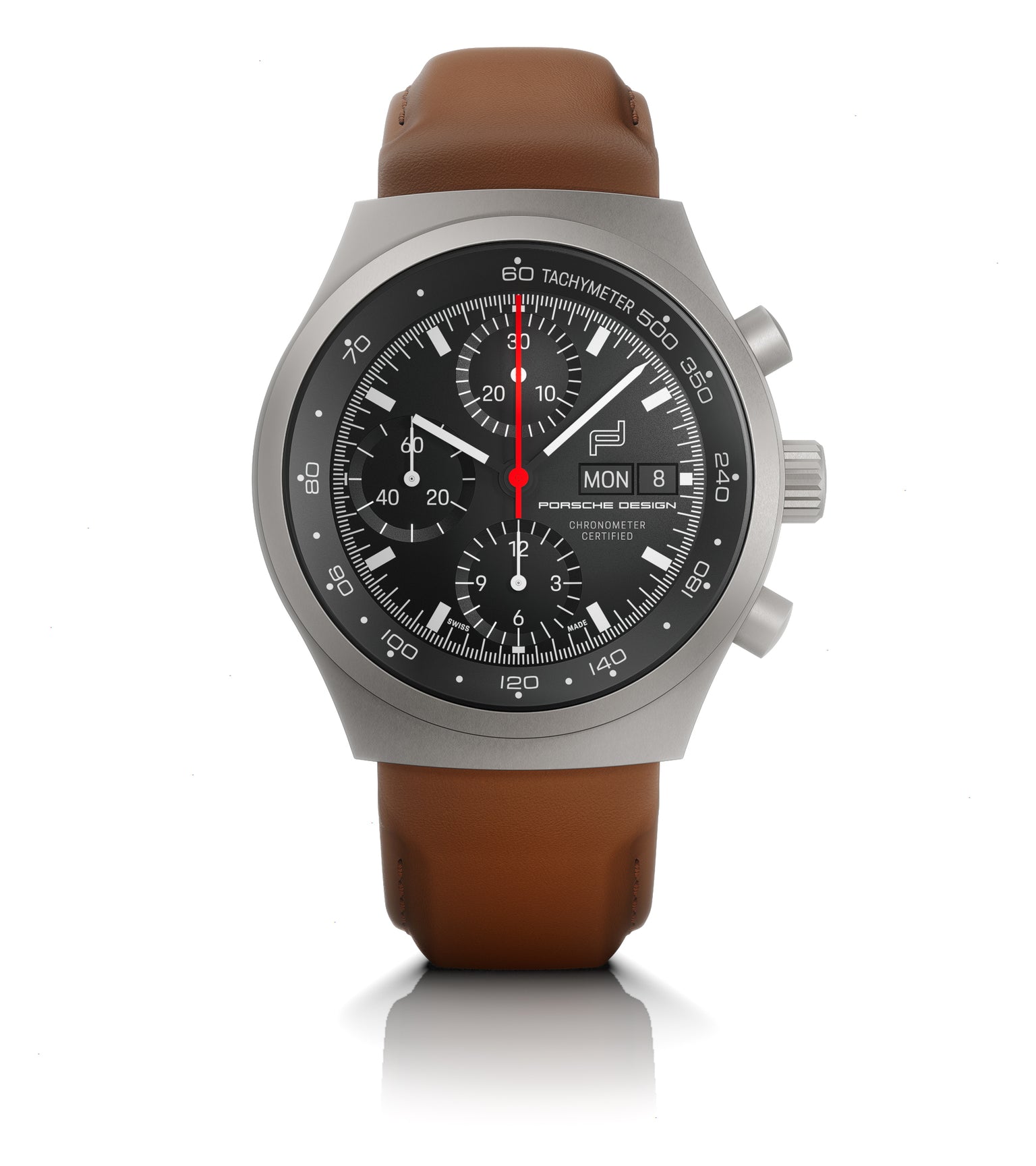 Titanium chronograph watch with black dial, tachymeter bezel, red center hand, date window, and brown leather strap.