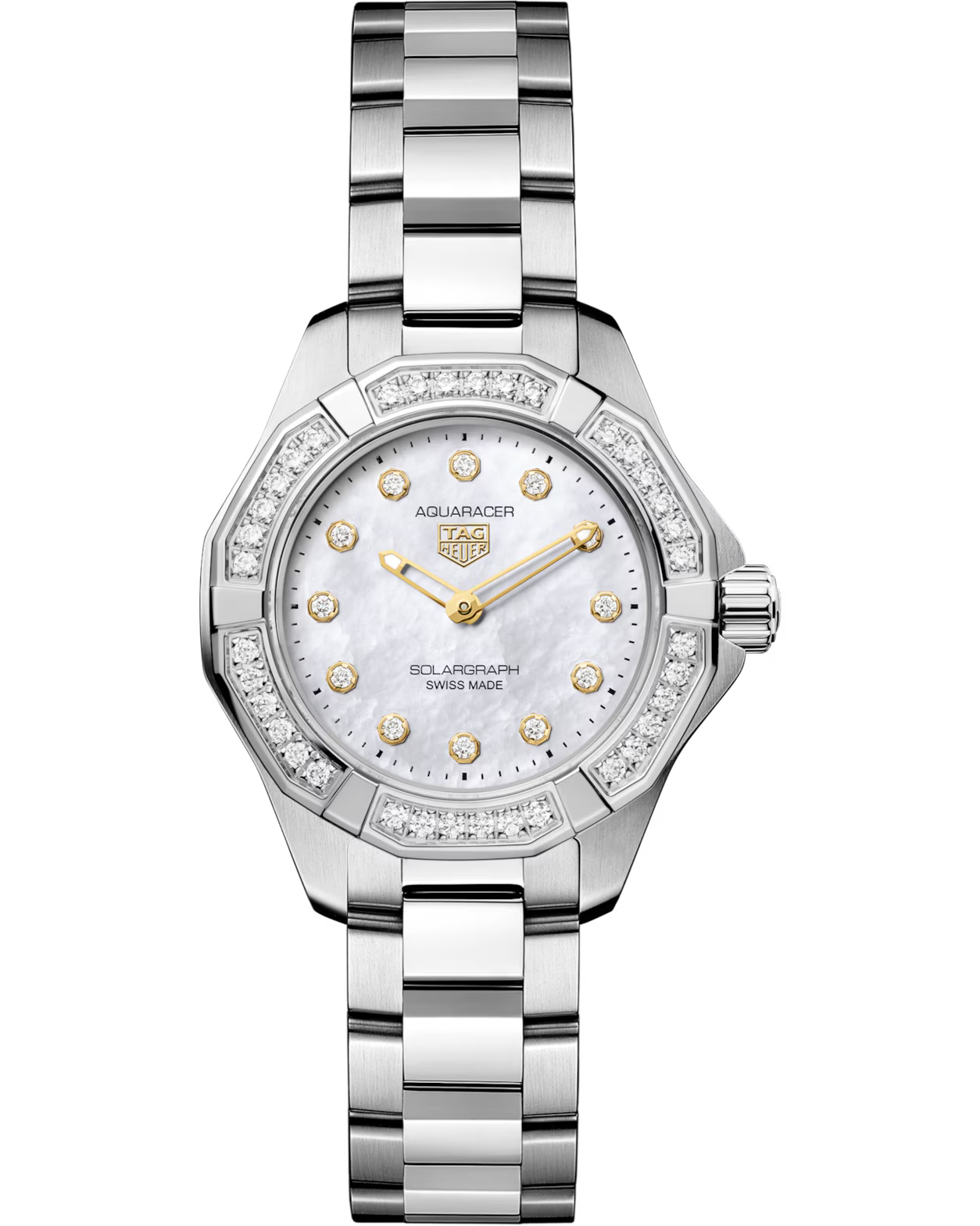Aquaracer Professional 100 Solargraph | 28mm, Steel, Mother-of-pearl Dial, Diamond Bezel, Womens Watch