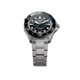 Silver stainless steel dive watch with black bezel, striped black dial, blue accents, and matching metal bracelet.