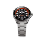 Stainless steel dive watch with black dial, red and black bezel, white hour markers, and matching metal bracelet.