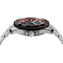 Steel sports watch with orange and black bezel, black dial, and metal bracelet shown from the side.