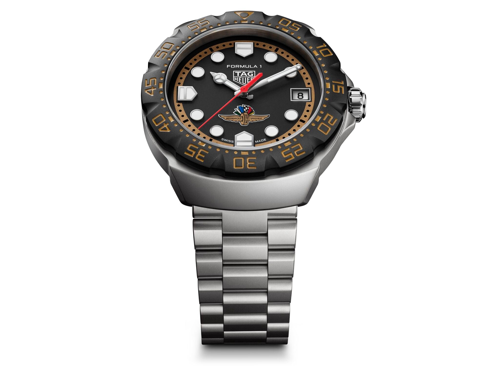 TAG Heuer Formula 1 watch with black dial, white hour markers, red seconds hand, date window, and stainless steel bracelet.