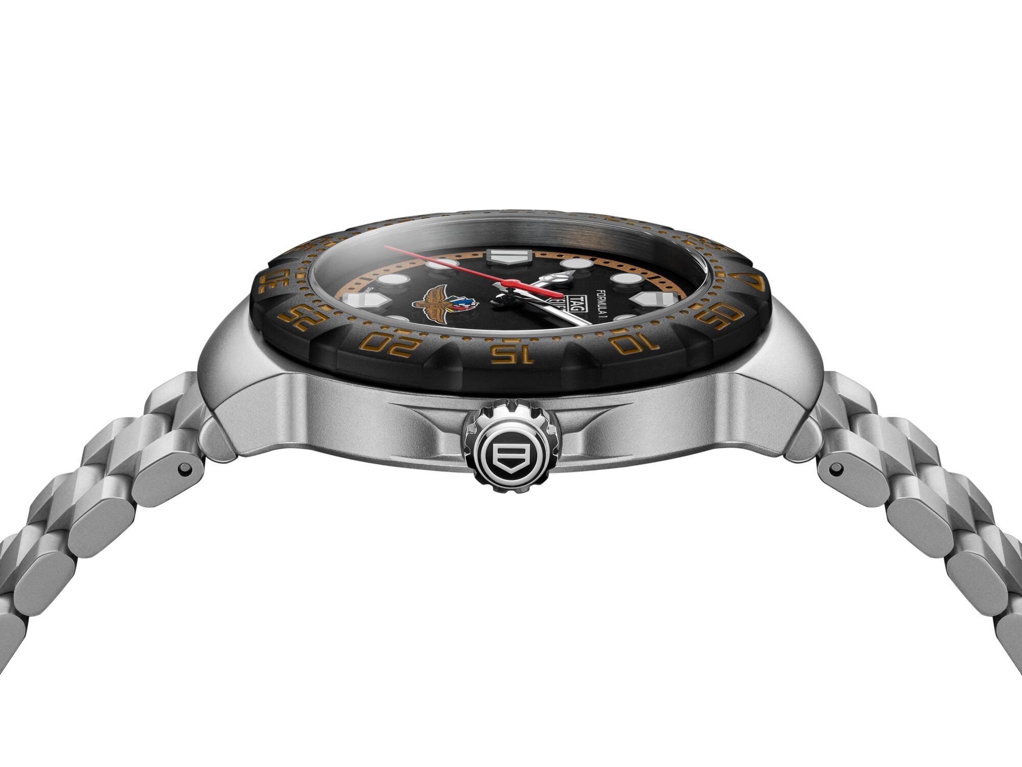 Stainless steel sports watch with black and gold bezel, black dial, and matching metal bracelet.