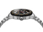 Stainless steel sports watch with black and gold bezel, black dial, and matching metal bracelet.