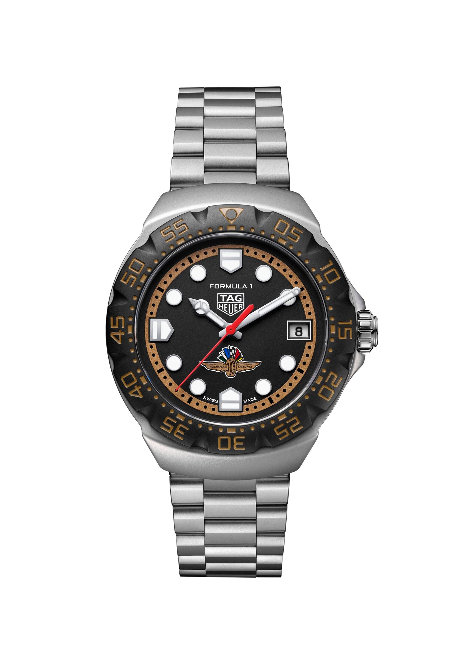Silver stainless steel sports watch with black dial, bronze bezel, white hour markers, date window, and Indy 500 logo.