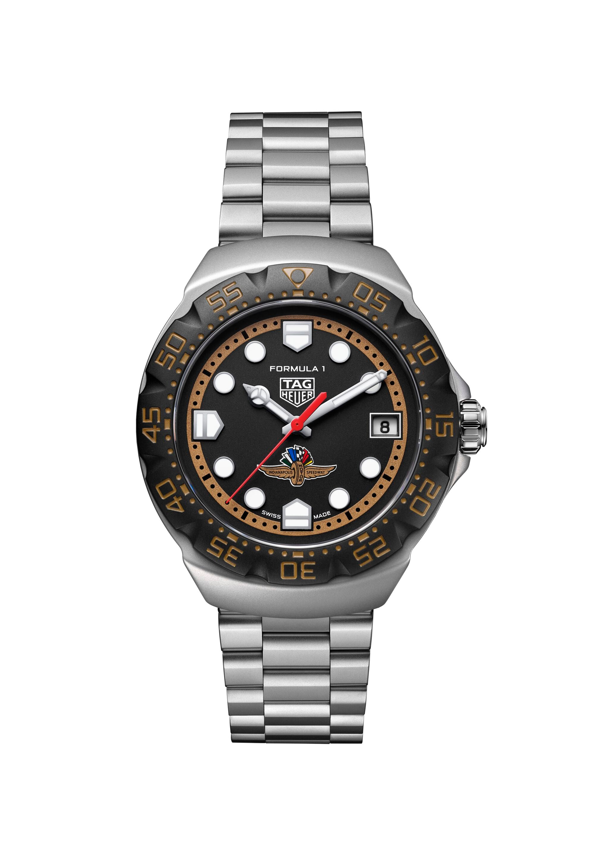 Silver stainless steel sports watch with black dial, bronze bezel, white hour markers, date window, and Indy 500 logo.