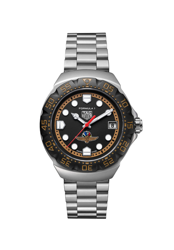 Silver stainless steel sports watch with black dial, bronze bezel, white hour markers, date window, and Indy 500 logo.