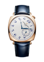 Rose gold square watch with cream dial, blue Arabic numerals, and dark blue leather strap.
