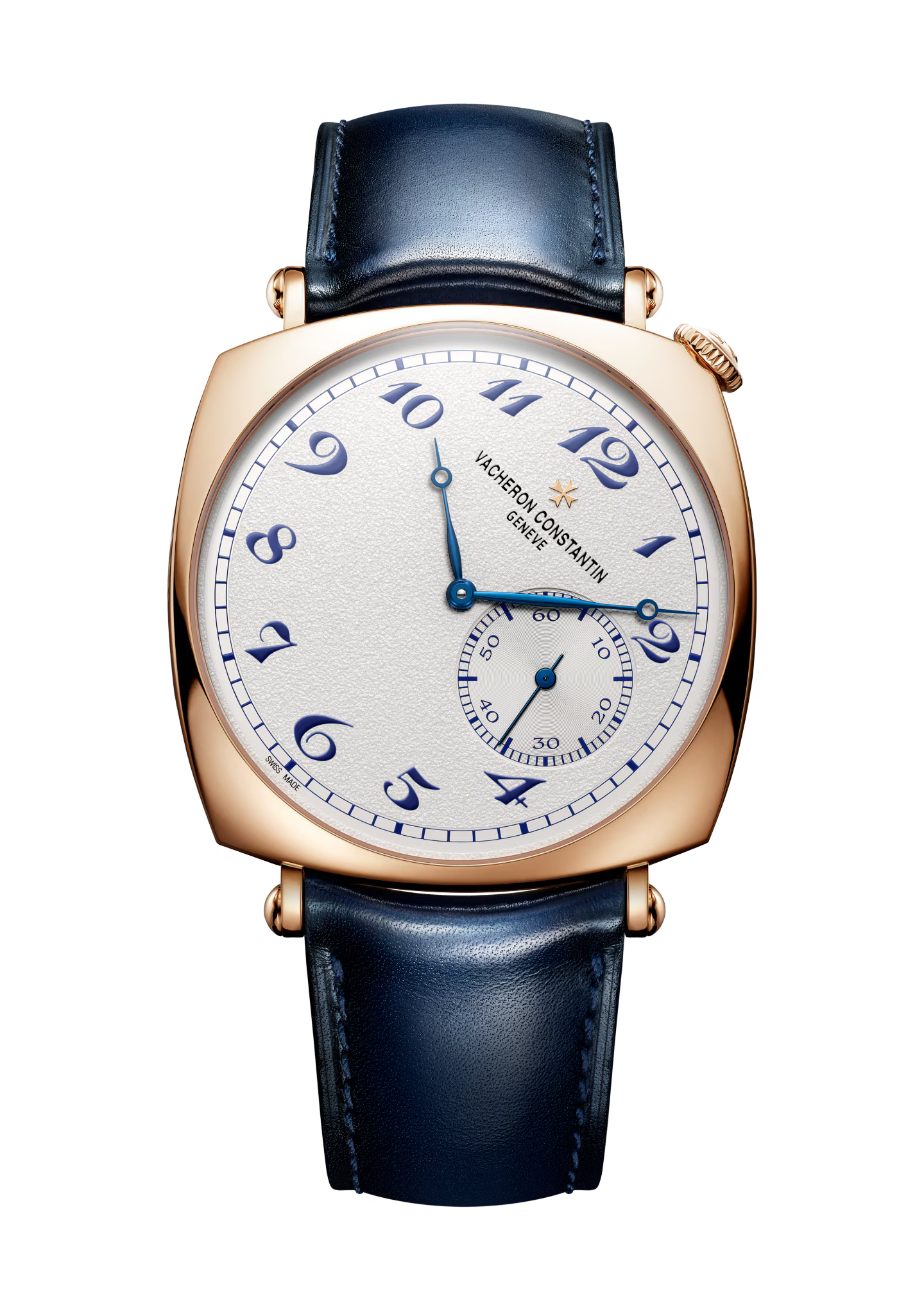 Rose gold square watch with cream dial, blue Arabic numerals, and dark blue leather strap.