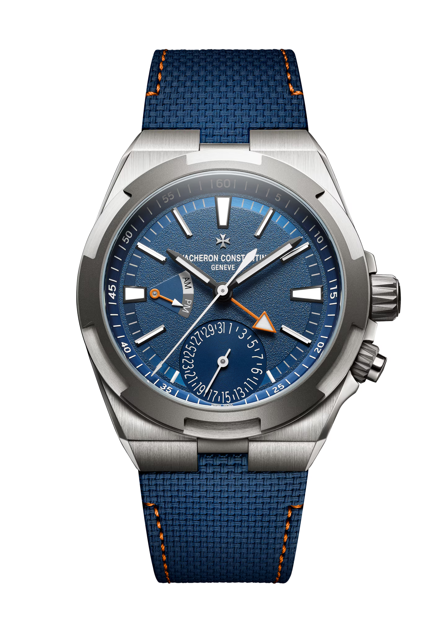 Stainless steel watch with blue dial, dual time zone display, orange accents, and blue textile strap with orange stitching.