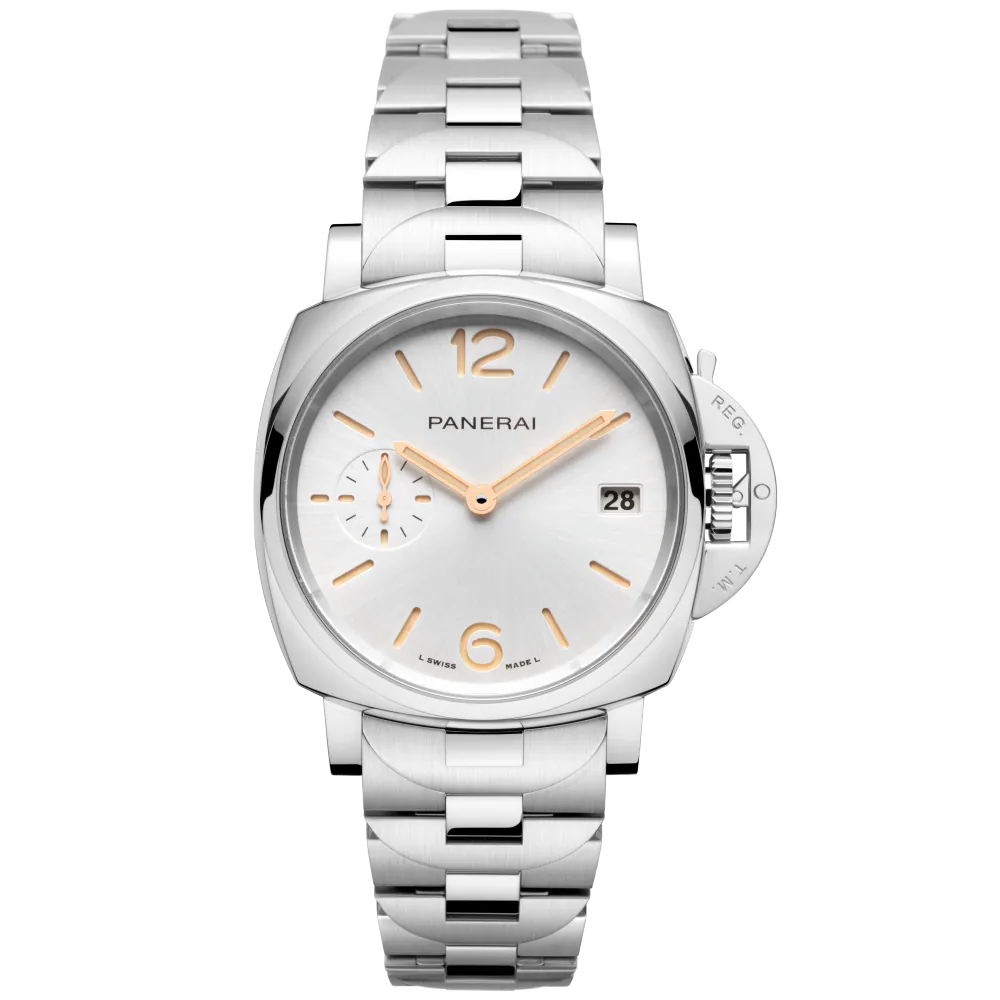 The Panerai Luminor Due is a silver wristwatch featuring a white dial with gold-tone hour markers and hands, date at 3 o'clock, small seconds at 9 o'clock, P.900 automatic movement, and a metal link bracelet.