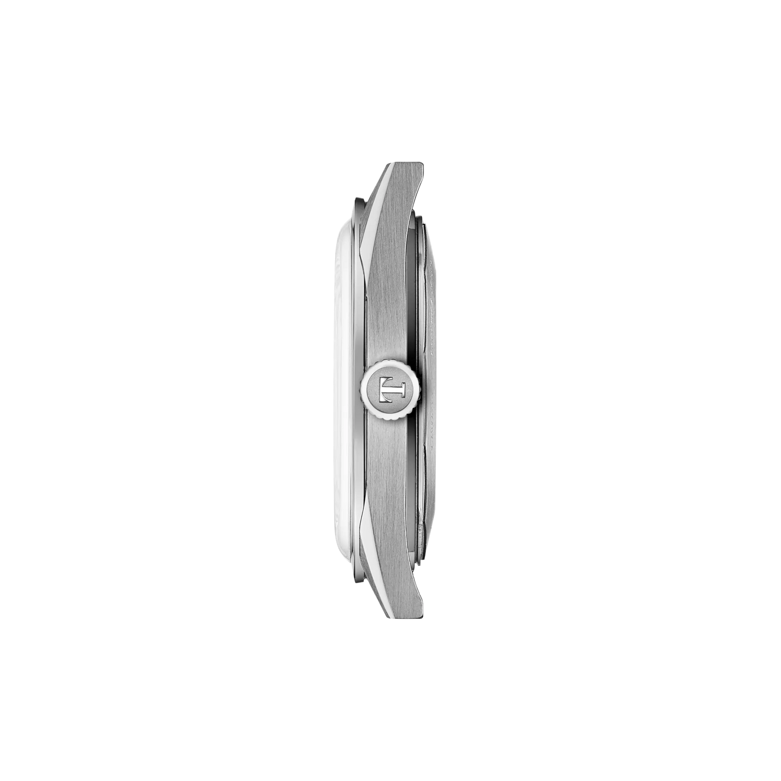 Silver and gray rectangular watch with brushed finish and round center logo, shown from the side.