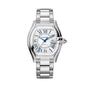 Silver Cartier watch on a light beige background
