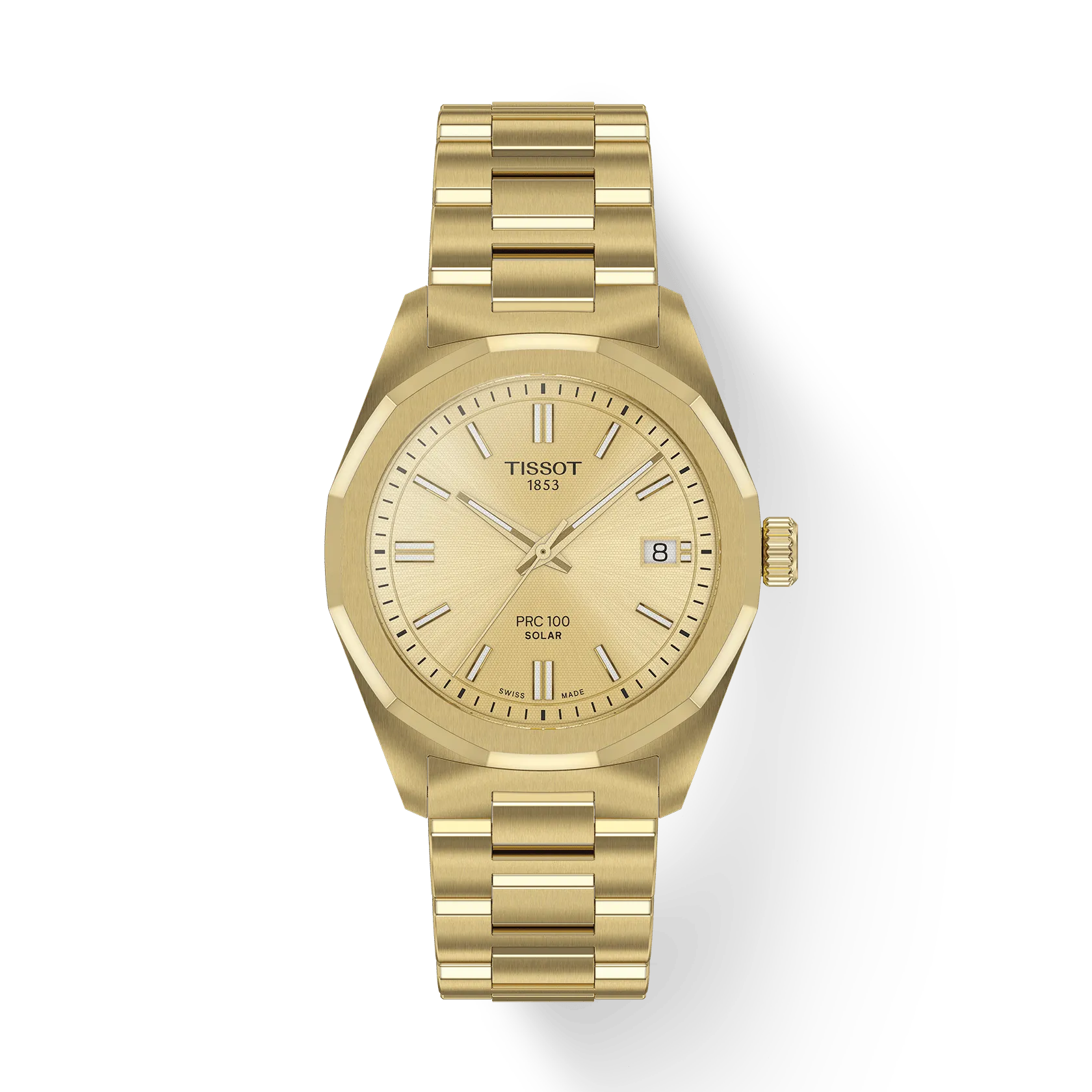 The Tissot PRC Solar 100 34mm features a gold case, matching metal band, minimalist hour markers on a gold dial, and a date display at 3 o'clock—showcasing the precision found in Tissot's renowned collections.