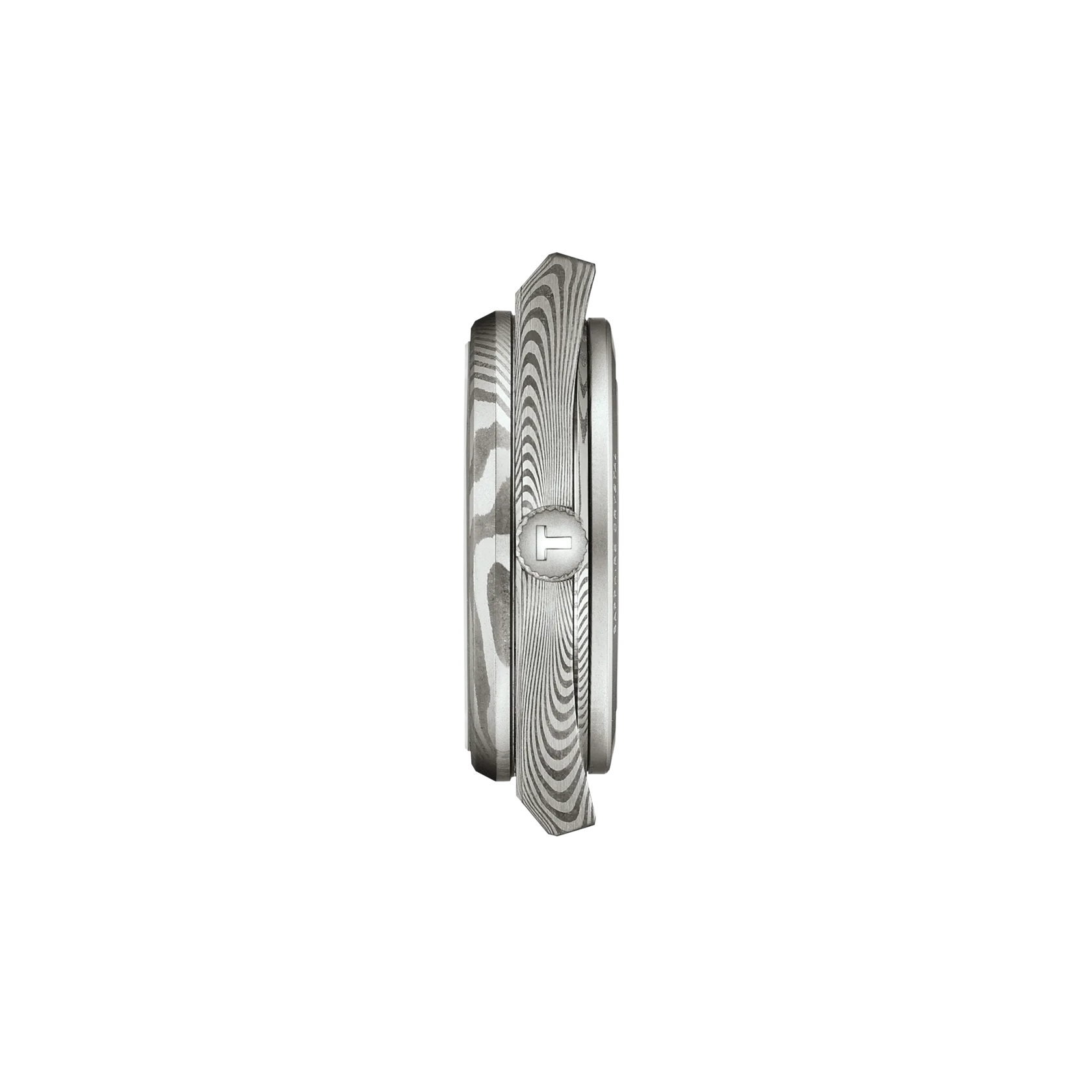 Side view of the Tissot PRX 38, featuring a marbled stainless steel finish with wavy, woodgrain-like patterns and a small rectangular accent, displayed against a plain white background.