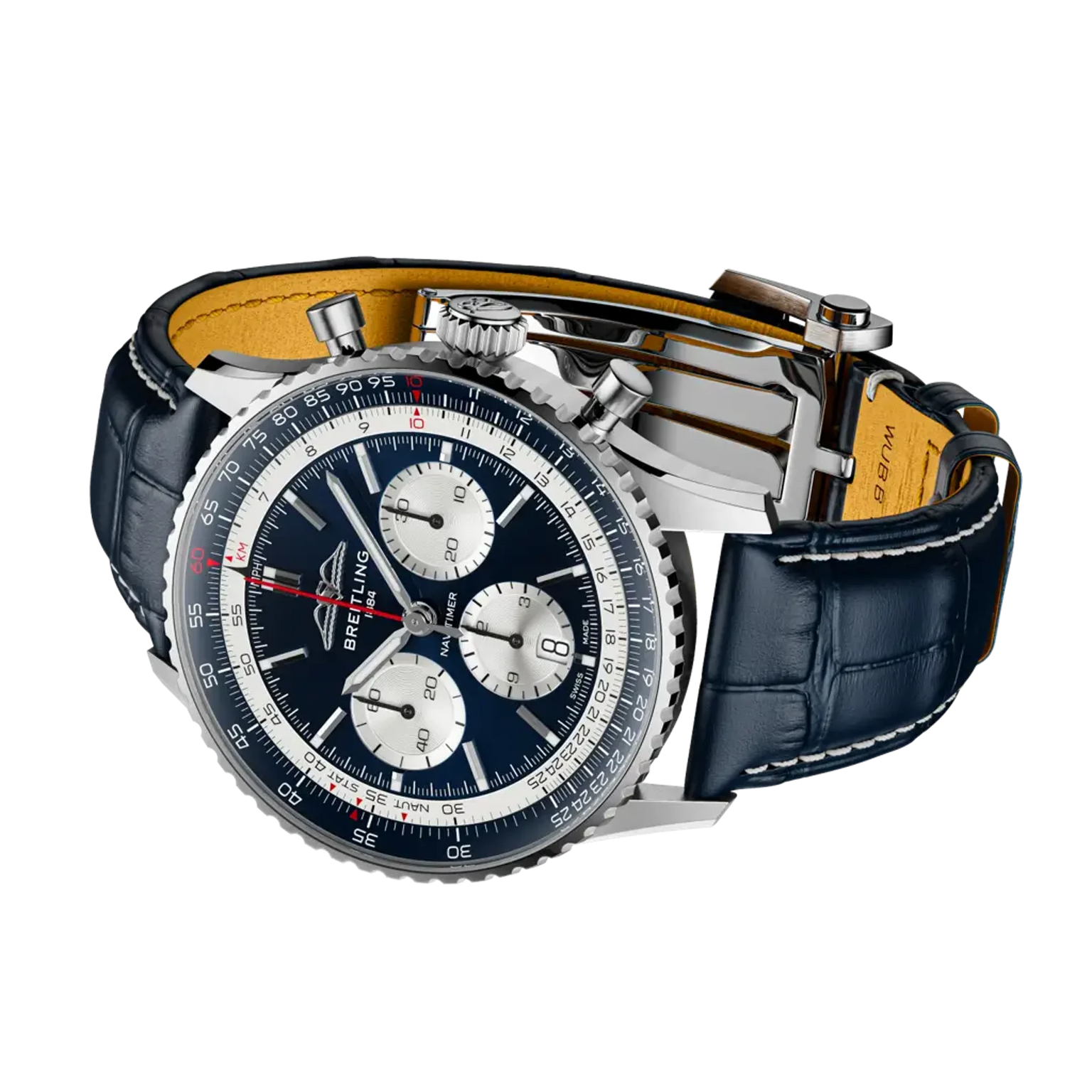 Luxury watch with blue face and leather strap on a white background