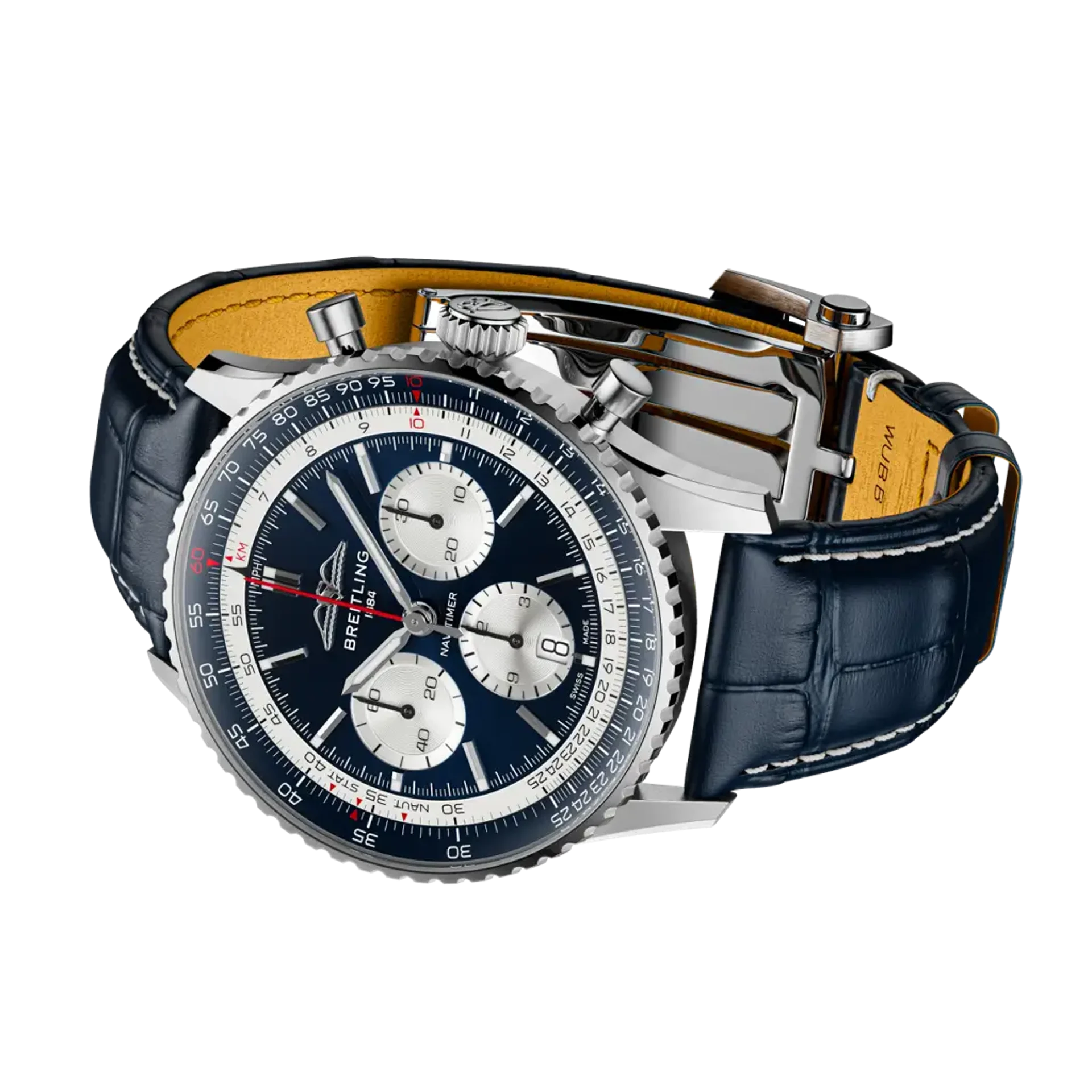 Luxury watch with blue face and leather strap on a white background