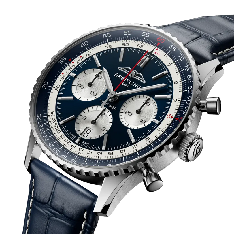 Luxury Breitling watch with blue leather strap and detailed face on a white background