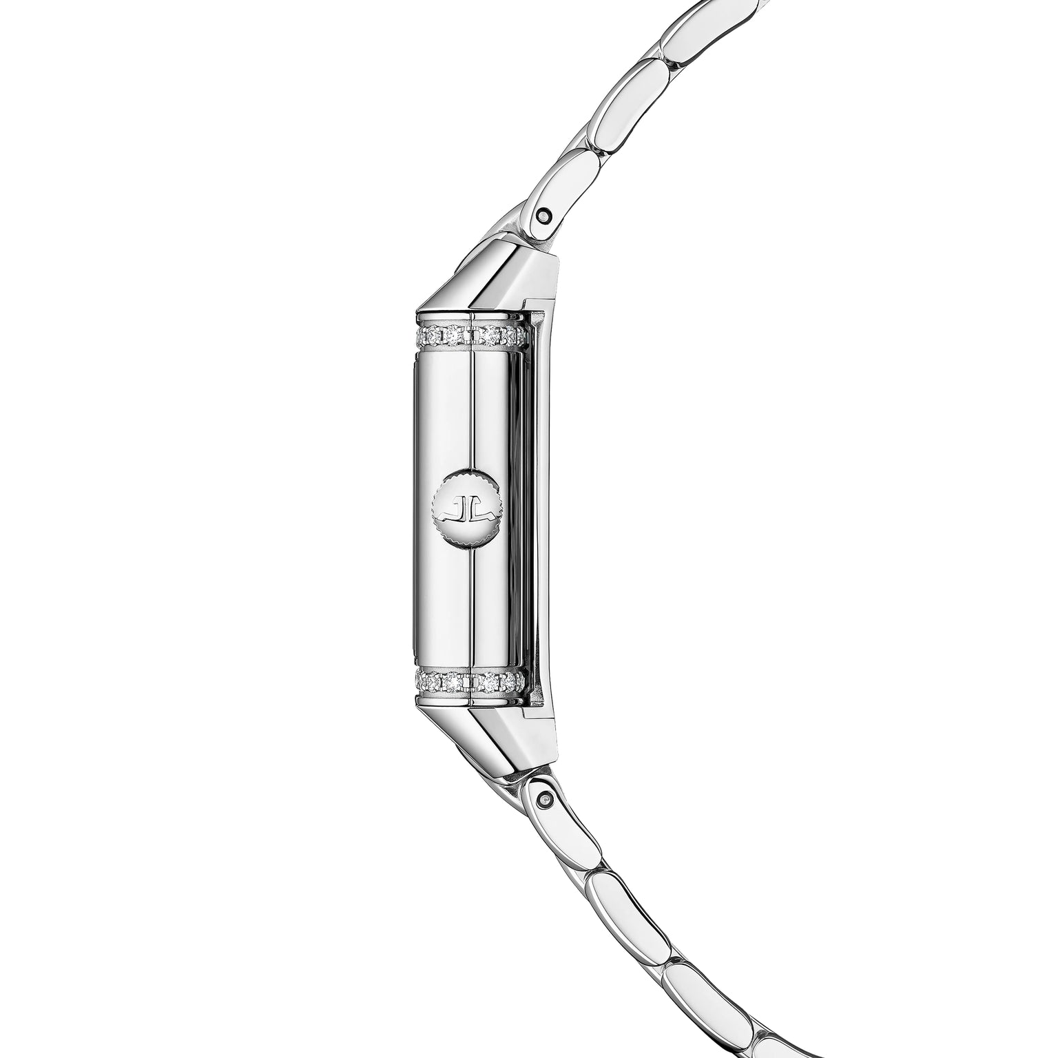Silver rectangular watch with diamond bezels, white dial, and articulated link bracelet.