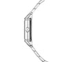 Silver rectangular watch with diamond bezels, white dial, and articulated link bracelet.