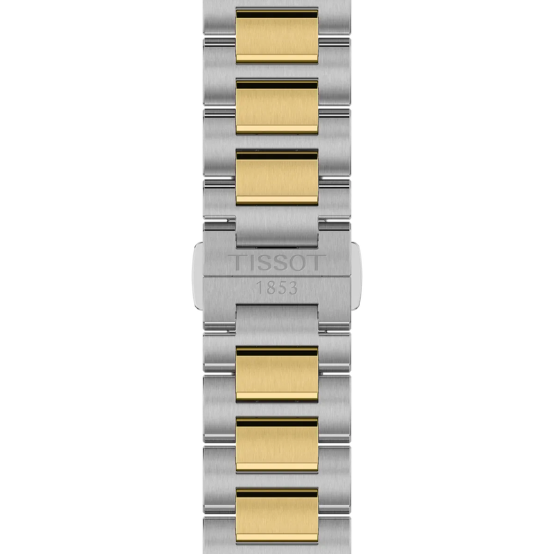 Two-tone silver and gold watch strap with Tissot branding on a white background