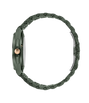 Green ceramic watch with round face, textured dial, rose gold crown, and matching ceramic bracelet displayed side view.