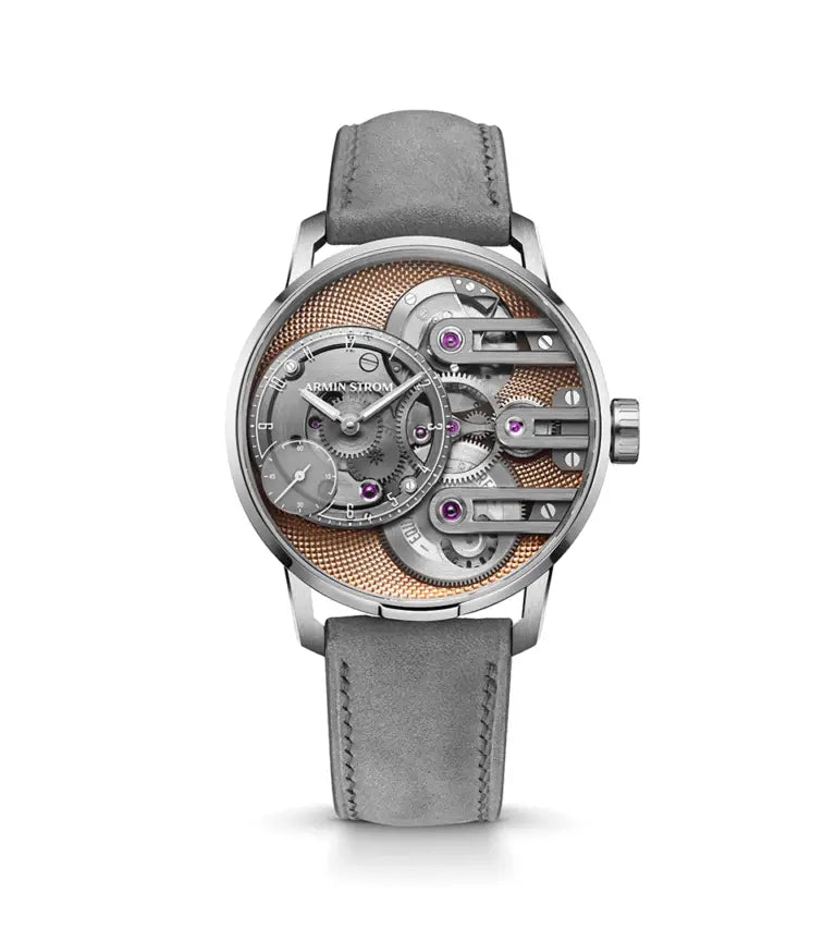 The Armin Strom Gravity Equal Force Ultimate Sapphire Salmon features a grey suede strap, open-face design with visible gears and micro rotor, purple accents, and a textured gold backdrop—combining modern style with classic elegance.