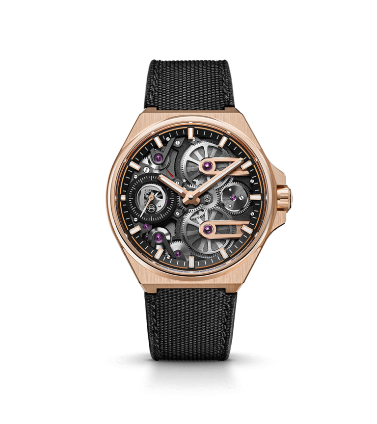 The Armin Strom One Week Skeleton Rose Gold features a black woven strap, rose gold case, and exposed mechanical gears with purple jewels, showcasing exquisite craftsmanship in this luxury skeleton watch.