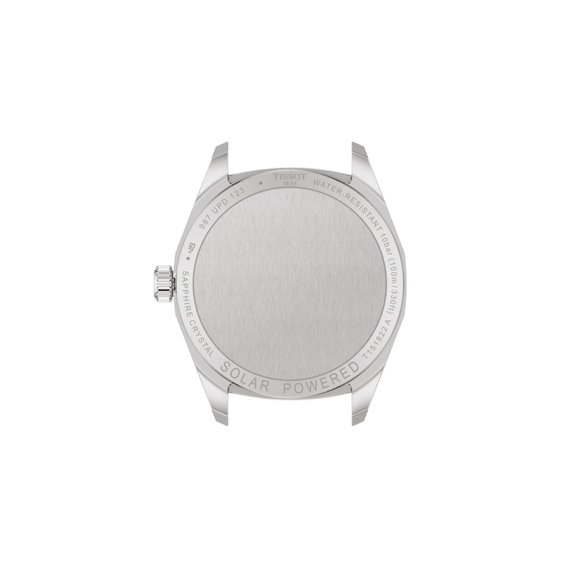 Back view of a silver watch with engraved text on a white background