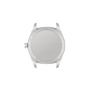 Back view of a silver watch with engraved text on a white background