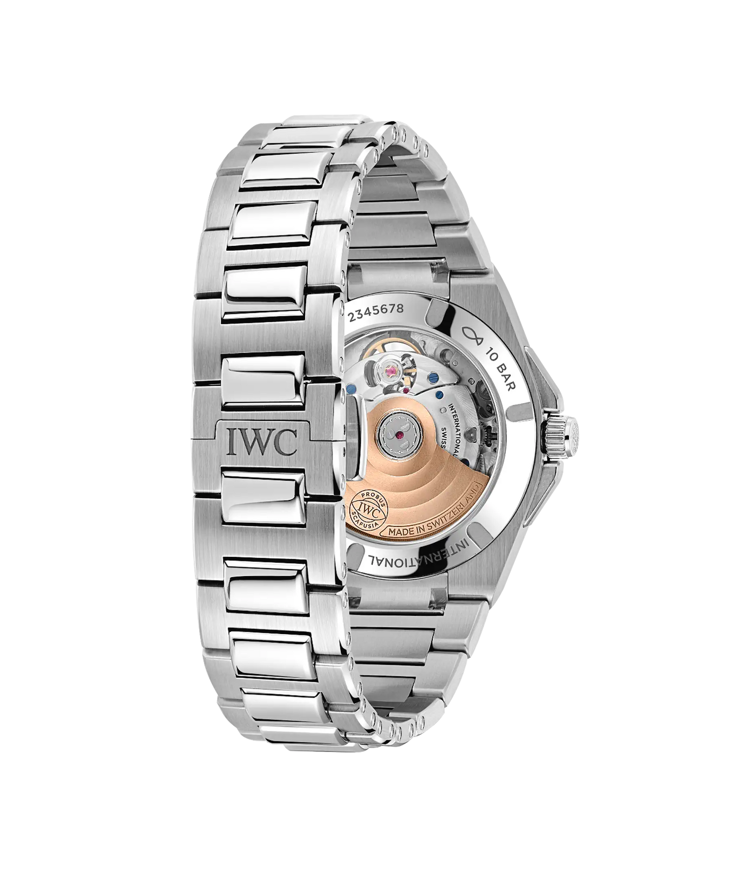 IWC Ingenieur Automatic 35 stainless steel watch with exposed rotor and bracelet, shown from caseback view.
