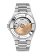 Silver stainless steel watch with visible mechanical movement rotor and three-link bracelet shown from rear case back view.