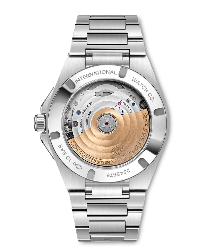 Silver stainless steel watch with visible mechanical movement rotor and three-link bracelet shown from rear case back view.