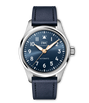 Silver-cased automatic watch with dark blue dial, Arabic numerals, gold-tone hands, and dark blue leather strap.