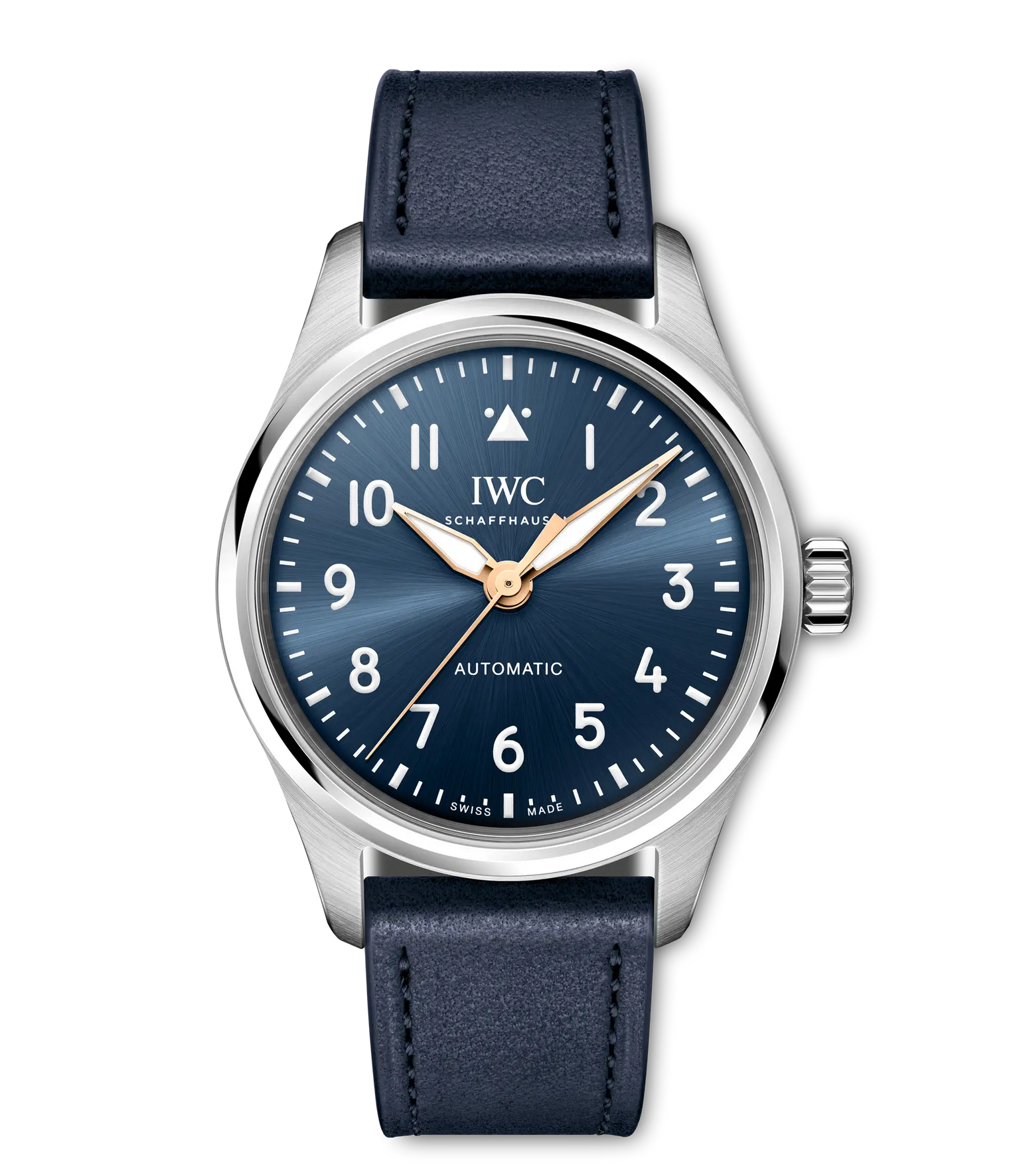Silver-cased automatic watch with dark blue dial, Arabic numerals, gold-tone hands, and dark blue leather strap.
