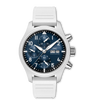 Stainless steel chronograph watch with dark blue dial, white numerals, date window, and white rubber strap.
