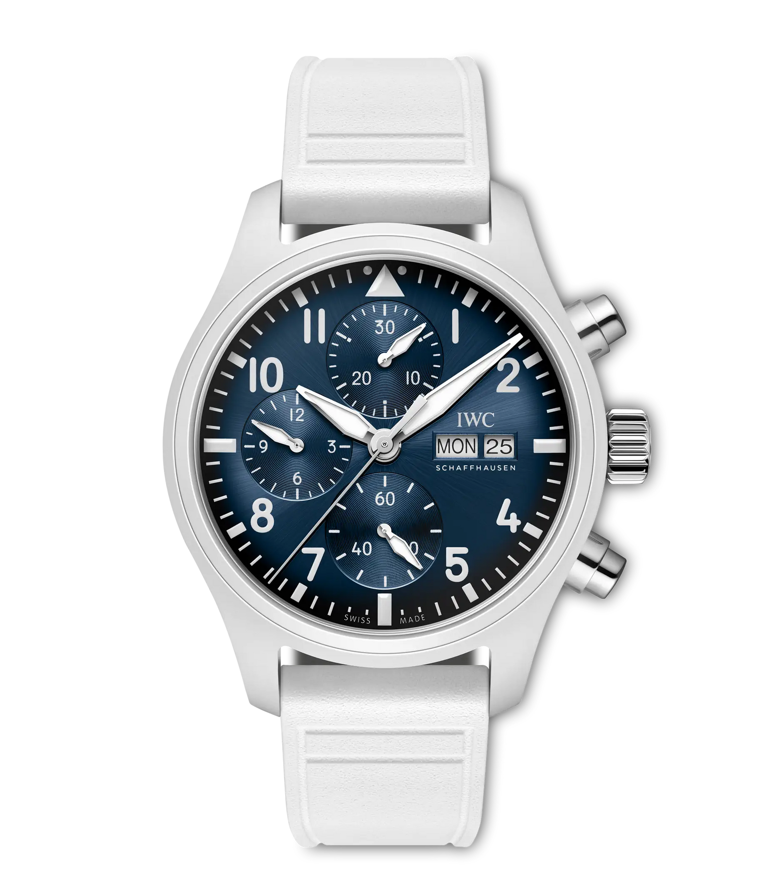 Stainless steel chronograph watch with dark blue dial, white numerals, date window, and white rubber strap.