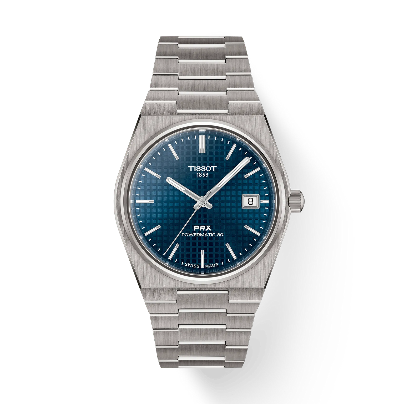 The Tissot PRX 38 is a stainless steel automatic watch featuring a blue textured dial, silver markers, date at 3 o’clock, 80-hour power reserve, and a silver link bracelet displayed on a white background.