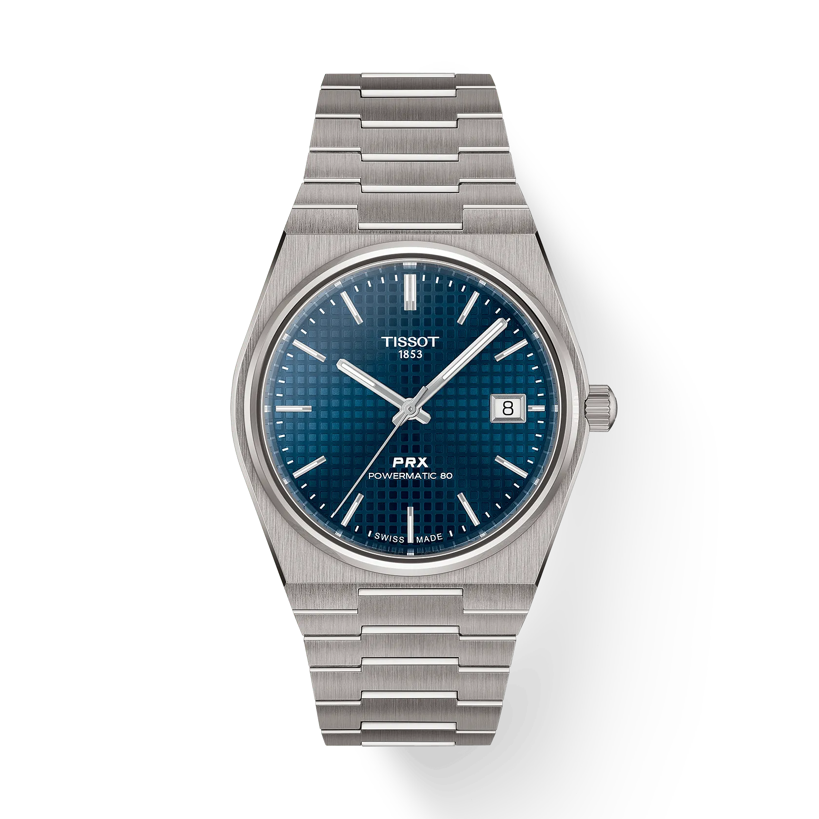 The Tissot PRX 38 is a stainless steel automatic watch featuring a blue textured dial, silver markers, date at 3 o’clock, 80-hour power reserve, and a silver link bracelet displayed on a white background.