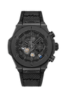 Black chronograph watch with skeleton dial, visible movement, and matching black fabric strap.