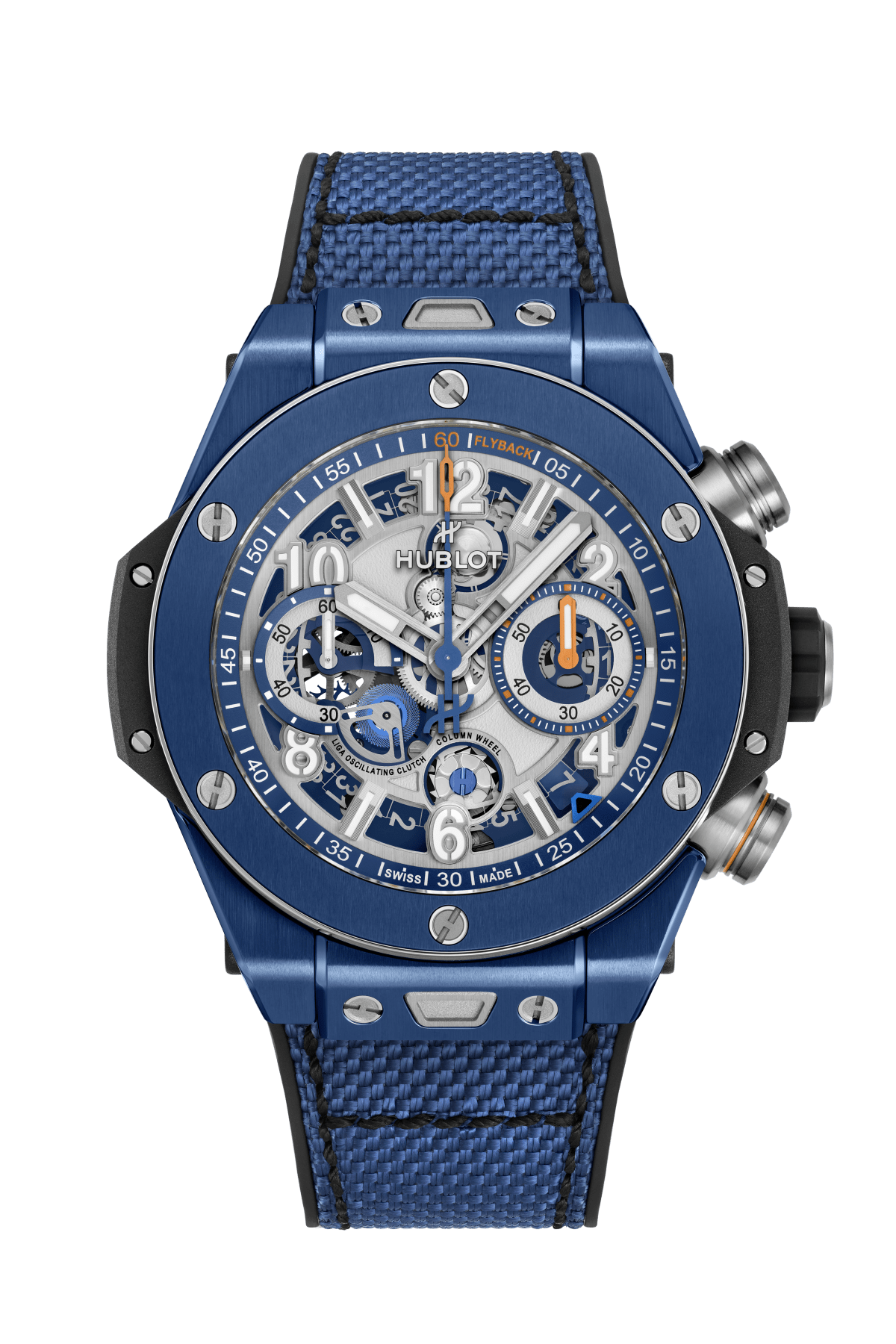 Blue ceramic chronograph watch with exposed movement, skeleton dial, Arabic numerals, blue fabric strap, and steel pushers.